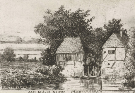 Landscape with watermill, print, printmaker: Jan Heppener, The Hague, dedicated to: Johan Hendrik