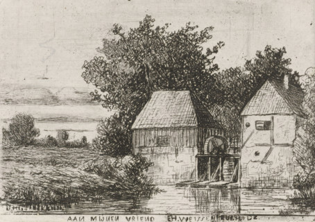 Landscape with watermill, print, printmaker: Jan Heppener, The Hague, dedicated to: Frederik