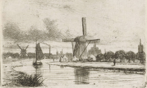 River landscape with windmills, print, printmaker: Jan Heppener, The Hague, c. 1841 - 1898, paper,