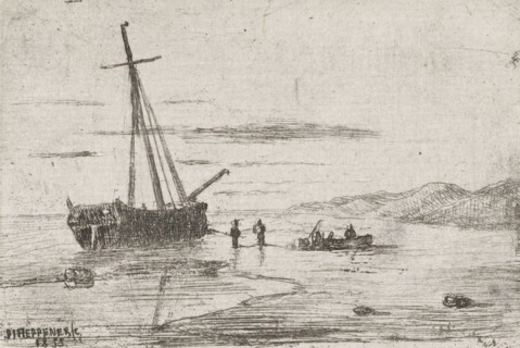 Ship off the coast, print, printmaker: Jan Heppener, The Hague, 1855, paper, chine collé, etching,