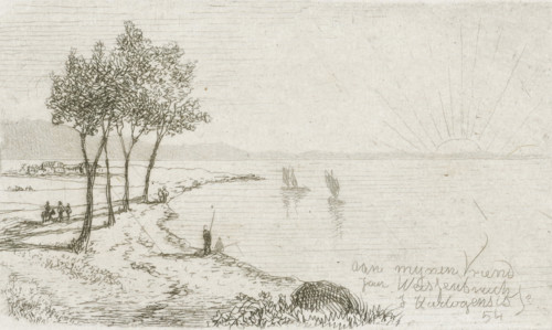 River landscape with rising sun, print, printmaker: Joseph Hartogensis, The Hague, dedicated to: