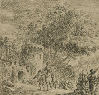 Soldiers at a gate, print, printmaker: Cornelis van Hardenbergh, Netherlands, c. 1770 - 1843,
