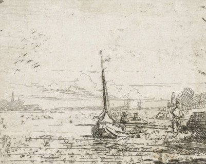 Ship at a bank, print, printmaker: Lambertus Hardenberg (1822-1900), The Hague, c. 1837 - 1900,