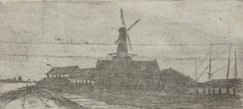 Complex with mill on a river, print, Complex with a windmill, on a dike, with a beginning for a