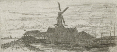 Complex with mill on a river, print, Complex with a windmill, on a dike, with a beginning for a