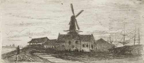 Complex with mill on a river, print, Complex with a windmill, on a dike, with a walking figure on