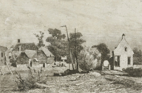 View of houses and a boat, print, View of several houses with the protruding mast of a boat in the