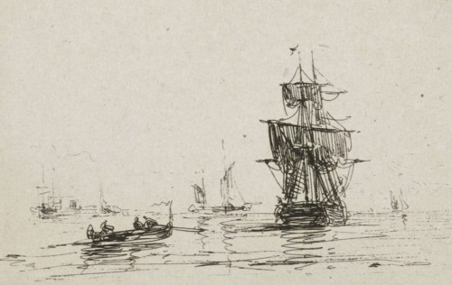 Navy with sailing ship, print, printmaker: Maurits Frederik Hendrik de Haas, Rotterdam, 1854 -