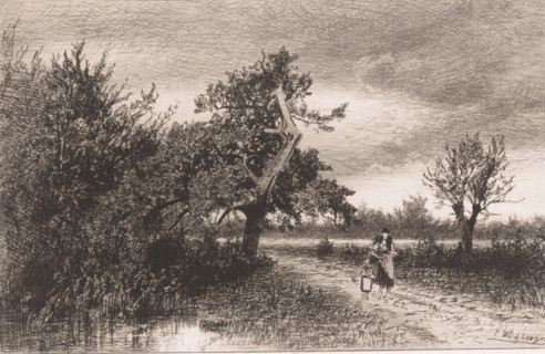 Woman with child on a country road, print, inscription: 'boeken 1890 N 2399', printmaker: Eduard