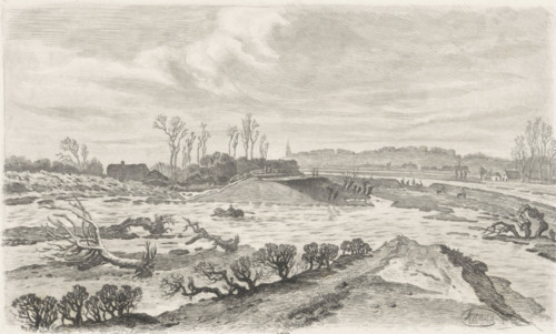 Flooded landscape, no. 21, print, Series number, 21, Flooded river landscape with uprooted trees.