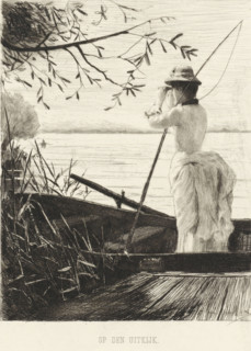 On the Lookout, Woman on the lookout, print, A woman stands in a rowboat with a fishing rod over