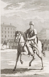 Mamluk on horseback, print, Turkish rider, soldiers behind him. In 1798, Napoleon invaded Egypt and