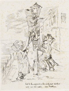 Three men by a gas lantern, cartoon, print, A gas lantern stands by a building with three men in