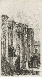 Wall in Culemborg, print, A man and a woman standing by a wall, possibly a city wall, with