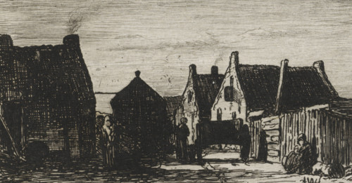 View of Scheveningen, print, A few houses lie along a narrow road. A cart stands on the road and a