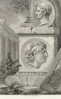 Medallions with portraits of Alexander the Great and Julius Caesar on a pillar, print, printmaker: