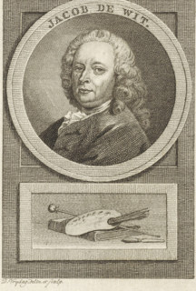 Portrait of Jacob de Wit, print, Portrait of the Amsterdam painter Jacob de Wit. Below the
