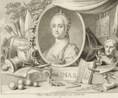 Portrait of Catherine the Great, surrounded by attributes, print, with on the right attributes