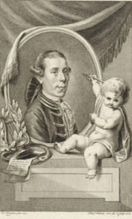 Portrait of Joannes Nomsz, print, writer, poet and playwright. Next to the portrait and putto with