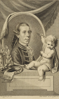 Portrait of Joannes Nomsz, print, writer, poet and playwright. Next to the portrait and putto with