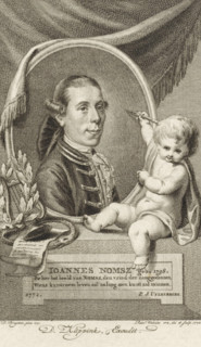 Portrait of Joannes Nomsz, print, writer, poet and playwright. Next to the portrait and putto with