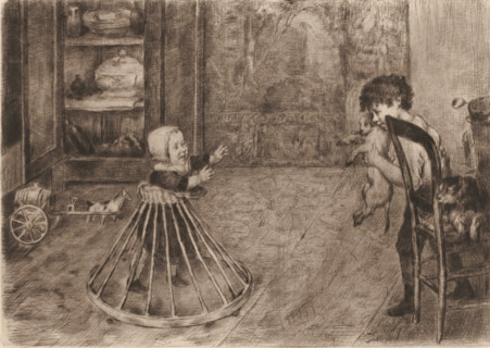 Playing children of the artist, print, In an interior, the artist's daughter takes her first steps.