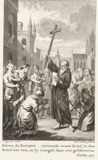 Peter of Amiens with letter and crucifix amidst a crowd, Peter the Hermit, print, book