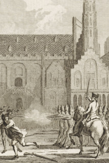 Militia fires on the rioters in Haarlem, 1750, print, historical print, Militia opens fire on the