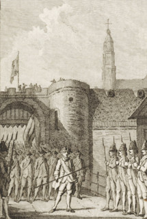 Exodus of the garrison from Maastricht, 1748, print, historical print, The exodus with full