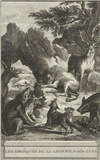 The Obsessed with the Lion. Fable CLVL, Funeral of the Lion's Wife, print, All kinds of animals