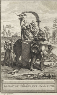 The Elephant and the Rat, Le Rat et l'Eléphant. Fable CLVII., print, An elephant carries two people