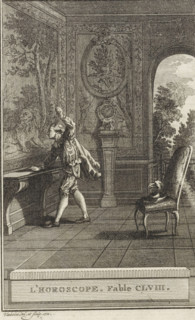 Horoscope, L'Horoscope. Fable CLVIII., print, A young man clenches his fist at the painting of a