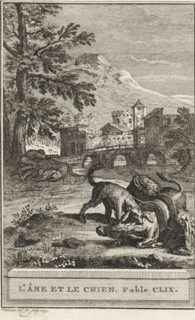The Donkey and the Dog. Fable CLIX, The Dog and the Donkey, print, A dog bites a donkey in the neck