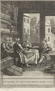 Le Bassa et le Marchand, The merchant and his guard, print, A few men are having a meal together.