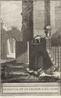Le Faucon et le Chapon. Fable CLXIII, The falcon and the circumcised rooster, print, A falcon on a