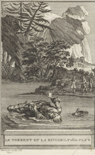 Still waters run deep, Le Torrent et la Riviere. Fable CLVV., print, A man and his horse are in