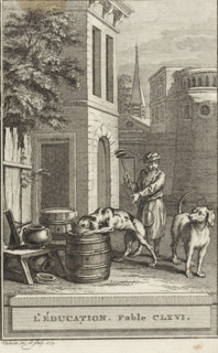 Education. Fable CLXVI., Education, print, Man and two dogs in a courtyard. The man seems to want