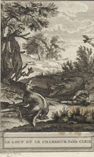 The Wolf and the Hunter. Fable CLXIX, The Hunter and the Wolf, print, At the edge of a forest lies