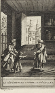 Le Déposiitaire infidéle. Fable CLXX, The unreliable treasurer, print, Illustration of Fabel CLXX,