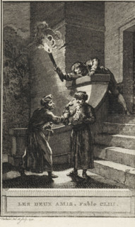 Les Deux Amis. Fable CLIII., Two friends, print, On the doorstep of a house, in the light of a