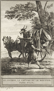 A goat, a sheep and a pig, Le Cochon, la Chèvre et le Mouton. Fable CLIV., print, a sheep and a pig
