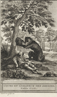The Bear and the Gardener, L'Ours et L'Amateur des jardins. Fable CLII., print, A bear is about to