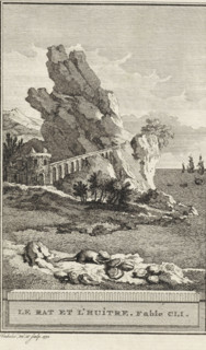 The Rat and the Oyster. Fable CLI., The Rat and the Oyster, print, At the waterline sits a rat with