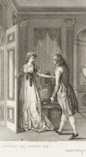 Woman holds the door open for a man, print, In a room, a woman holds the door open for a man. She