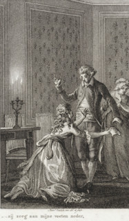 Woman with a letter kneels before a man, print, printmaker: Reinier Vinkeles (I), Amsterdam, 1802,