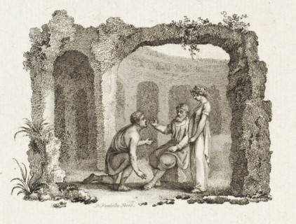 Three figures under the arch of a ruin, print, printmaker: Reinier Vinkeles (I), Amsterdam, 1751 -