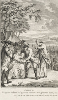 Crying woman in an army camp, print, inscription: 'Prins.', printmaker: Reinier Vinkeles (I),