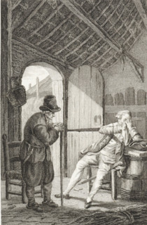 Old man in conversation with a gentleman in a farmhouse, print, printmaker: Reinier Vinkeles (I),