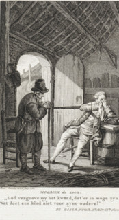 Old man in conversation with a gentleman in a farmhouse, print, inscription: 'Holbeen de zoon.',