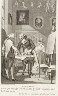 Man showing sketches to another man, print, In his studio, an artist shows sketches to an